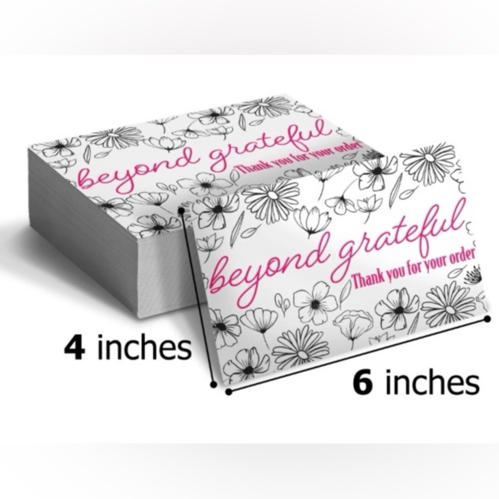 50 Thank You Cards 4x6” Beyond Grateful Floral Packaging Insert Black Pink White